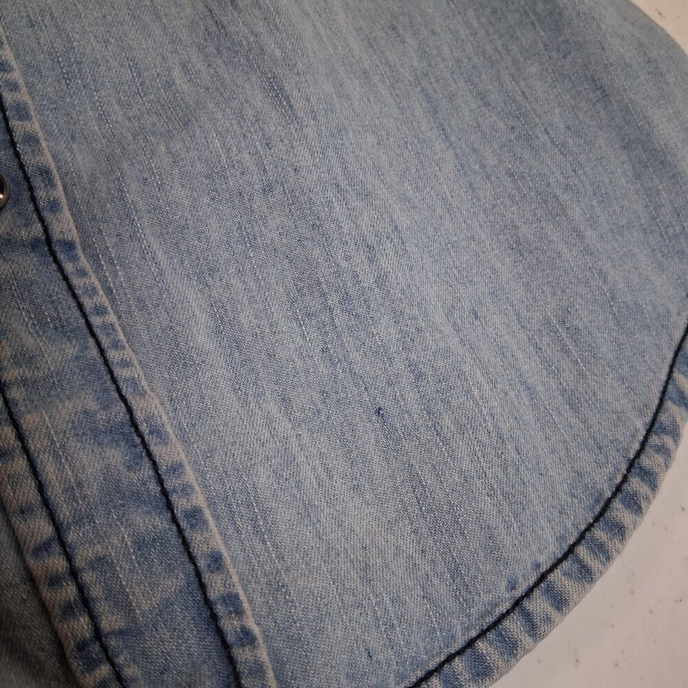 Reworked Chambray Denim Shirt Small Farm Rooster Calico Cottagecore Farmer - Picture 16 of 16